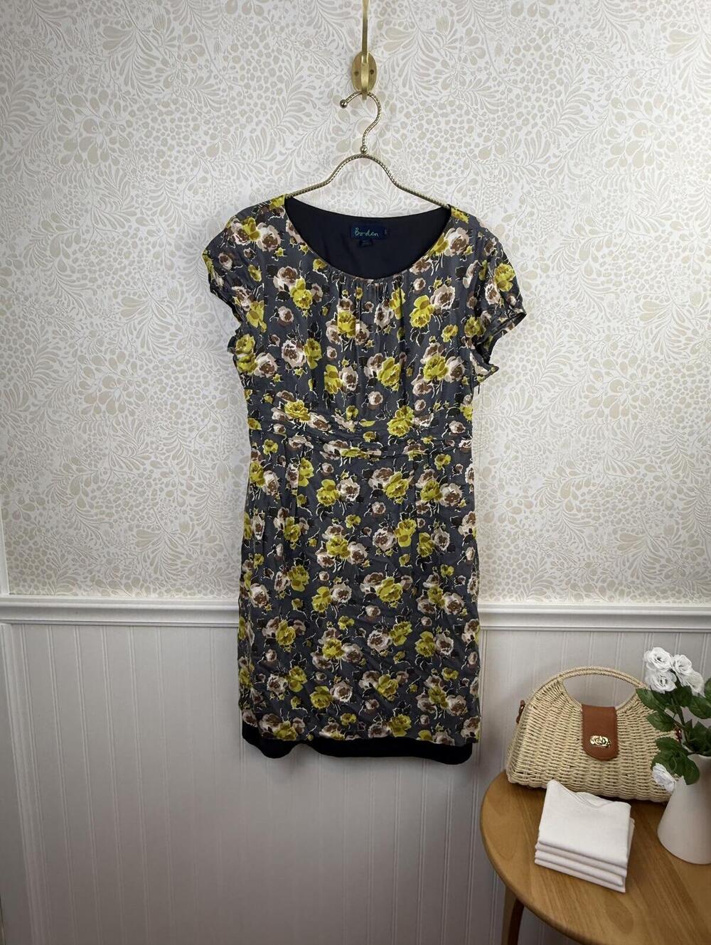 BODEN Gray and Yellow Floral Print Cap Sleeve Lined Sheath Dress - Size - 16